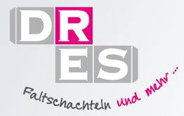 Text "DRES Faltschachteln und mehr" auf weißem Hintergrund, "und mehr" in pink geschrieben.