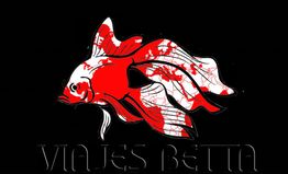 Pez betta rojo y blanco sobre fondo negro con texto "Viajes Betta" en la parte inferior.