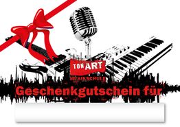 Geschenkgutschein der TONART Musikschule mit Mikrofon, Gitarre und Klavier, verziert mit roter Schleife.