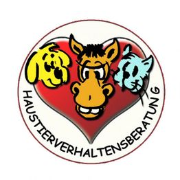 Drei Zeichentrick-Tiere (Hund, Pferd, Katze) über einem Herz. Text: "Haustierverhaltensberatung".