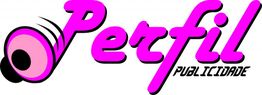 Logotipo da Perfil Publicidade em rosa e preto com um ícone gráfico no início da palavra "Perfil".