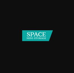 Logo with text "SPACE Mini-Storage" on a teal geometric shape, set against a black background.