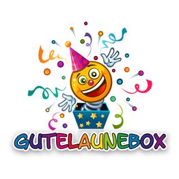 Bunte Box mit lachendem Gesicht, Konfetti und Partyhut, darunter steht "GUTELAUNEBOX".