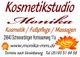Kosmetikstudio-Werbung mit Kontaktinfos, Logo und Blumenmotiv. Dienstleistungen: Kosmetik, Fußpflege.