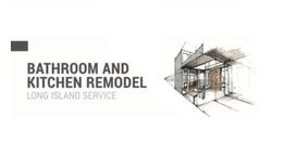 Text "Bathroom and Kitchen Remodel" with a line drawing of a modern room design.