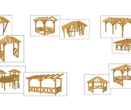 Holzkonstruktionen verschiedener Pavillons und Überdachungen auf weißem Hintergrund.