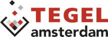 Logo met tekst "TEGEL amsterdam" en abstract tegelpatroon in rood, zwart en grijs.