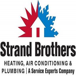 Logo of Strand Brothers, Heating, Air Conditioning & Plumbing services with a red and blue design.