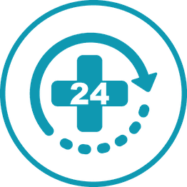 Cruz azul con flecha circular y número 24, simbolizando atención médica continua.