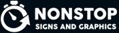 Logo of Nonstop Signs and Graphics with a stopwatch icon on a dark background.