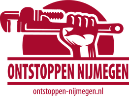 Logo met hand die een pijpsleutel vasthoudt. Tekst: "Ontstoppen Nijmegen, ontstoppen-nijmegen.nl".