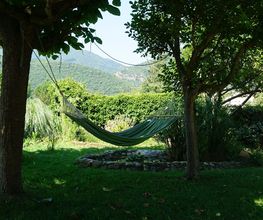 Hamaca colgando entre dos árboles en un jardín verde con montañas al fondo.