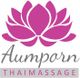 Logo mit pinker Lotusblüte und Text: "Aumporn Thaimassage".