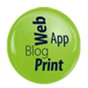 Grüner Kreis mit den Wörtern: Web, App, Blog, Print in dunkelblauer Schrift.