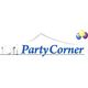 "PartyCorner logo with tableware, tent outline, and colorful balloons."