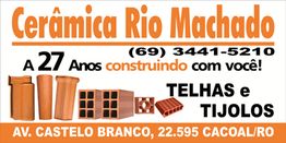 Banner da Cerâmica Rio Machado com telhas e tijolos, endereço e telefone de contato.