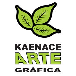 Logotipo com três folhas verdes e texto: "KAENACE ARTE GRÁFICA".
