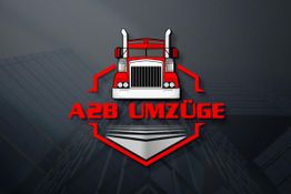 Rotes Lastwagenlogo mit Text "A2B Umzüge" auf dunklem Hintergrund.