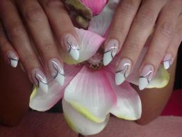 Hände mit kunstvollem Nageldesign, gehalten über einer großen rosa-weißen Blüte.