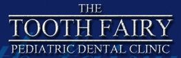 Logo of The Tooth Fairy Pediatric Dental Clinic on a blue background.