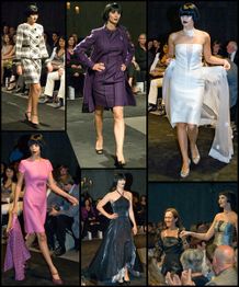 Models präsentieren verschiedene elegante Outfits auf einem Laufsteg vor einem sitzenden Publikum.