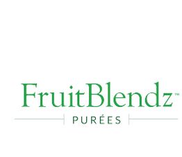"Logo of FruitBlendz Purées in green text on a white background."
