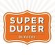 Orange sign with "SUPER DUPER BURGERS" in white, styled with a decorative border.