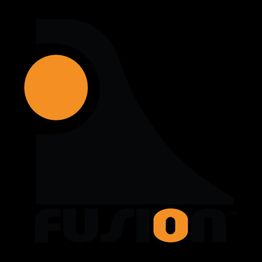 Black logo with an orange circle and the word "Fusion."