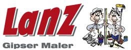 Logo mit rotem "Lanz" und "Gipser Maler". Zwei Comic-Handwerker mit Werkzeugen.
