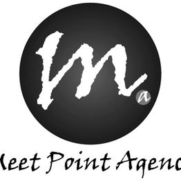 Logotipo de Meet Point Agency en blanco y negro con letras estilizadas en el centro.