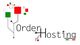Logo "Order Hosting" con quadrati rossi e verdi e circuito elettronico.
