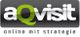 Logo mit Text "aQvisit" und Slogan "online mit strategie" auf schwarzem Hintergrund.