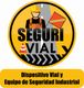Obrero con casco. Texto: "SEGURI VIAL". Cono de tráfico. "Dispositivo Vial y Seguridad Industrial".