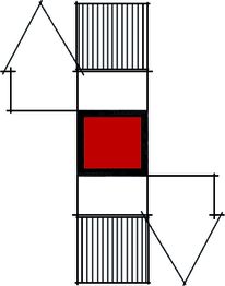 Abstrakte geometrische Zeichnung mit rotem Quadrat, Linien und Dreiecken in schwarz.