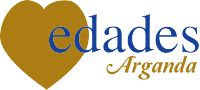 Logo con un corazón dorado y el texto "edades Arganda" en azul y dorado.
