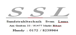 Text-Grafik mit Kontaktinfo: SSL Sandstrahltechnik Sven Lems, Adresse und Telefonnummer.