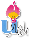 Ilustración de una niña con cabello rosa y la palabra "U Medi" en azul y negro.