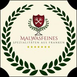 Wappen mit Schlüsseln, Lorbeerkranz, Text "Malwasfeines - Spezialitäten aus Franken".