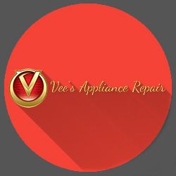 Red circle with gold text: "Vee's Appliance Repair" next to a gold and red logo.