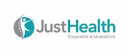 Logo for JustHealth, Kiropraktik & Idrætsklinik med stiliseret menneske og rygsøjlesymbol.