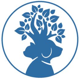 Silhuet af hund og kat med et træ, der vokser fra deres hoveder, indrammet i en cirkel.