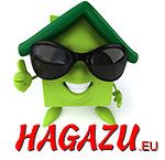 Grünes Cartoon-Haus mit Sonnenbrille, Daumen hoch. Text: HAGAZU.eu.