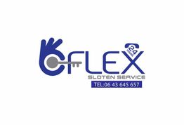 Logo van Flex Sloten Service met een sleutel en telefoonnummer.