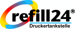 Logo von "refill24", bunte Ellipse um Text "Druckertankstelle".