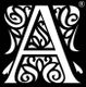 Decorative letter "A" with intricate floral patterns on a black background.