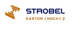 Logo mit orangefarbenem Kartonmotiv und Text: "STROBEL KARTON [HOCH] 2" in Blau und Orange.