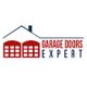 Logo with house and red garage doors, text: "Garage Doors Expert."