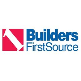 Builders FirstSource logo with red box and arrow, blue text on white background.