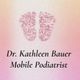 Pink glittery footprints, text: "Dr. Kathleen Bauer Mobile Podiatrist" on pastel background.