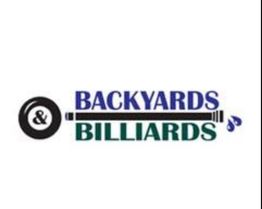Backyards & Billiards logo with a billiard ball and cue design.